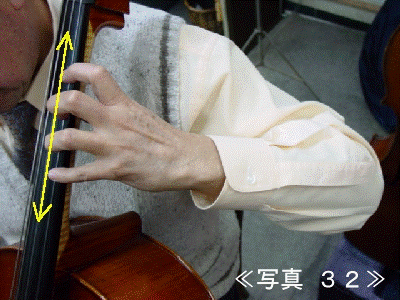 チェロの弦を押さえ、上下に大きく動かす左腕