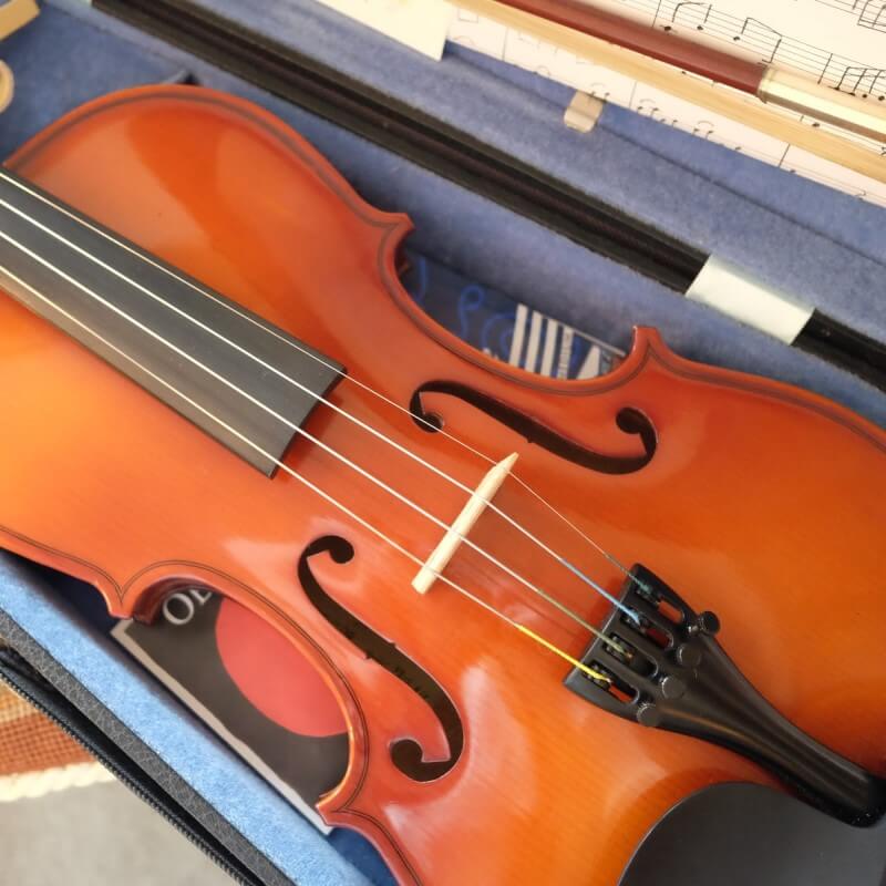 バイオリンの下に替え弦などが敷き詰められているバイオリンケース内